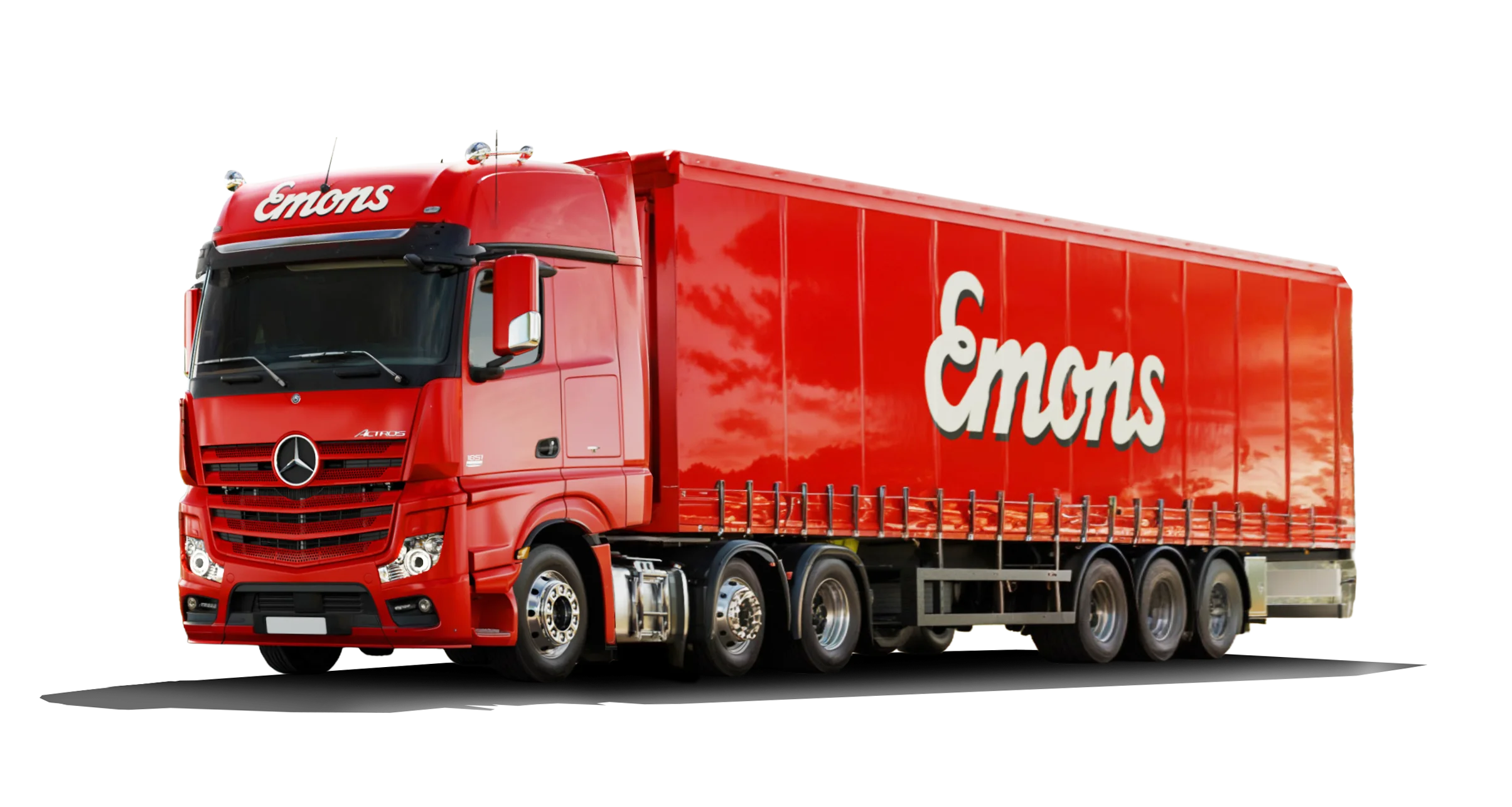Red Emons truck based on Mercedes-Benz Actros — modern freight truck for national and international transport